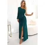 Tmavě zelené dlouhé třpytivé šaty s rozparkem a rukávem 658-2 Velikost: L