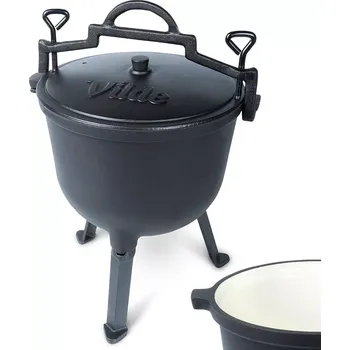 Kempingové nádobí Železný kotlík s víkem na nožkách 10 l s smaltovaným vnitřkem