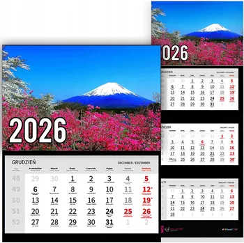 Kalendář Trojdílný kalendář na rok 2026 Fuji i różowe kwiaty Premium | Nástěnný kalendář