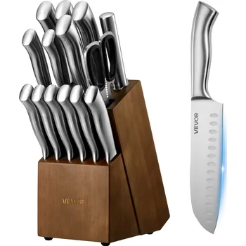 Vevor Sada kuchyňských nožů 15 ks, vysokouhlíková ocel, blok a ocílka