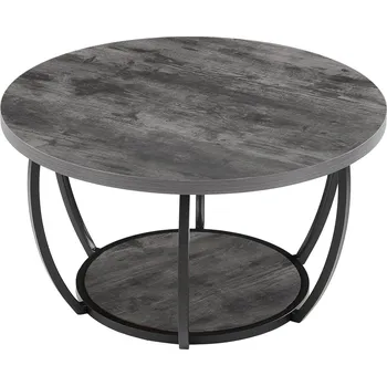 Obývací pokoj Vevor Konferenční stolek kulatý, 2 úrovně, dřevěný vrch, kovový rám, šedý