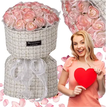 Mýdlo Sada růžových mýdlových růží s LED – dárkové aranžmá v látkovém boxu