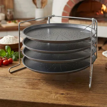 Plech na pečení Děrované plechy na pizzu se stojanem z uhlíkové oceli KONIGHOFFER LECKER 28 cm 4 ks.