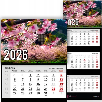 Kalendář Trojdílný kalendář na rok 2026 Przepiękne kwiaty wiśni Premium | Vzory