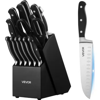 Kuchyňský nůž Vevor Sada kuchyňských nožů 15-dílná, vysokouhlíková nerez, dřevěný blok