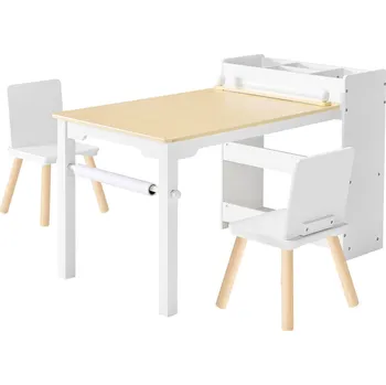 Dětsný nábytek Vevor Dětský tvořivý stůl se 2 židlemi, 3-patrové úložiště, dřevěný, bílý
