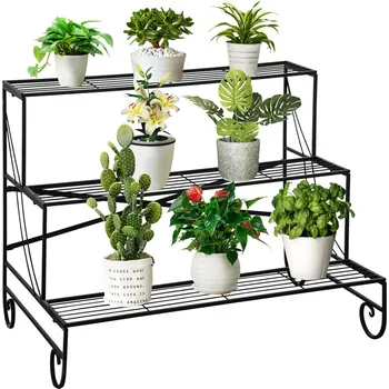 Stojan na květiny Kovový regál na květiny 3 patra | černý