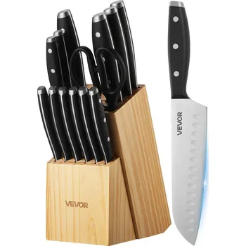 Kuchyňský nůž Vevor Sada kuchyňských nožů 15-dílná, uhlíková nerez, brusný prut, blok
