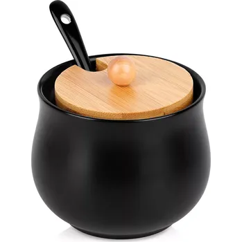 Cukřenka Keramická černá cukřenka s bambusovým víčkem a lžičkou 250 ml