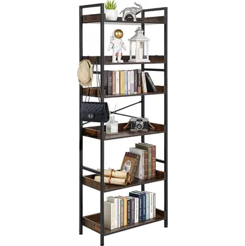 Nábytek Vevor Knihovna 6 polic, žebříková, kovový rám, otevřené police, hnědá