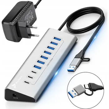 USB hub Aktivní USB hub s napájecím adaptérem 36W, 10 portů USB 3.2, rozbočovač