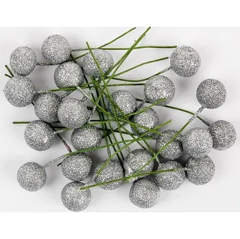 Vánoční dekorace Cesmína ovoce 12 cm stříbrné glitter