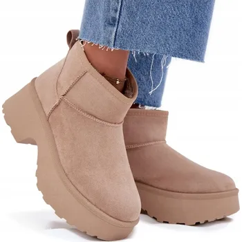 Dámská zimní obuv Dámské sněhule z eko semiše na platformě, nízké, s kožíškem, khaki, velikost 37