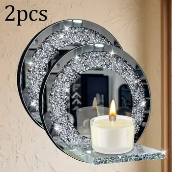 Svícen Sada dvou kulatých zrcadlových svícníků - zdobený křištálovými diamanty