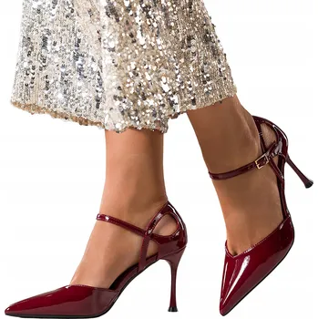 Dámské lodičky Lodičky Bordó Dámské LAKOVANÉ Jehlové Podpatky s Páskem Pohodlné Módní vel. 38