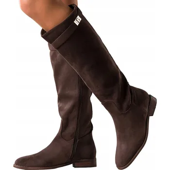 Dámské kozačky KOZAČKY Čokoládové Dámské Nad Koleno Pásek S Ozdobou NÍZKÝ PODPATEK vel. 38