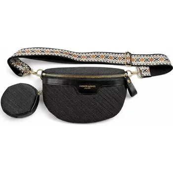 Kabelka Ledvinka přes rameno Fashion GP96 (Dámská městská elegantní ledvinka přes rameno 24,5 x 16 x 7,5 cm, klíčenka 10,5 x 2 cm, černá + zlaté kování)