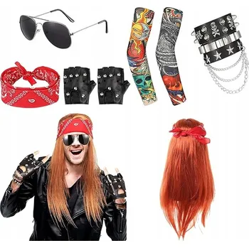 Karnevalový kostým STRÓJ KOSTIUM ROCKMAN LATA 70 80 PERUKA KOMPLETNÍ PŘEVLEK + RETRO TETOVÁNÍ