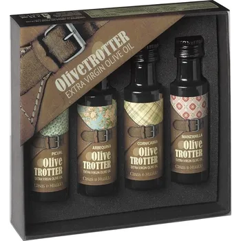 Dárkový potravinový koš Olive Trotter – testovací sada prémiových olivových olejů Casas de Hualdo (4 x 25 ml)