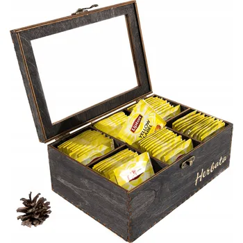 Obraz Dřevěná krabička na čaj s 6 přihrádkami s gravírováním Čaj