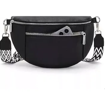 Kabelka Kožená crossbody ledvinka GP101 (Černá dámská městská kožená crossbody ledvinka přes rameno 29 x 18 x 8,5 cm, 4 přihrádky, stříbrné kování)