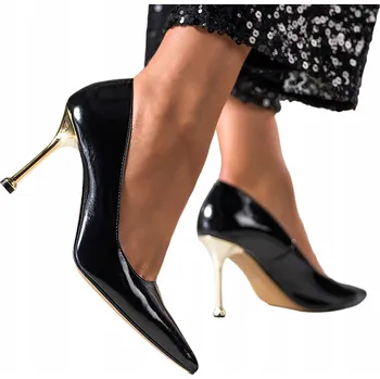 Dámské lodičky Lodičky Černé Dámské KOŽENÉ POLSKÉ Lakované Zlatý Podpatek MÓDNÍ vel. 37