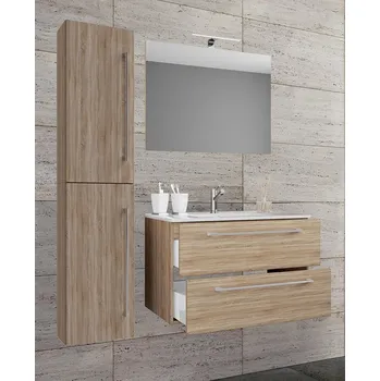 Koupelnový nábytek Vcm 4dílná umyvadlová skříňka Badinos 2 zásuvky se zrcadlem 80 cm + vysoká skříňka, dub Sonoma