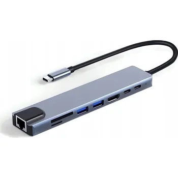 USB hub Verk 06331 USB-C HUB 8v1-PD 100W,HDMI, RJ45, 2xUSB-A, 1xUSB-C, čtečka karet