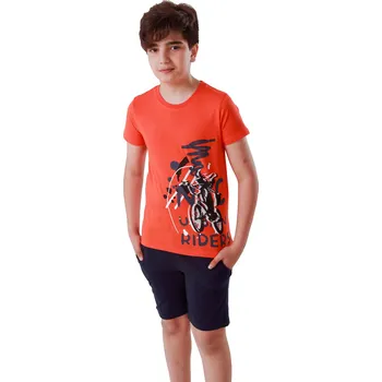 Chlapecké pyžamo Chlapecké pyžamo - krátký rukáv, krátké kalhoty Riders - oranžová/černá | Winkiki Kids Wear Velikost: 128