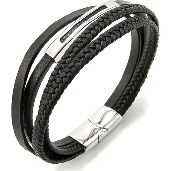 Náramek Černý kožený náramek Leather VSB003SB-PET Troli