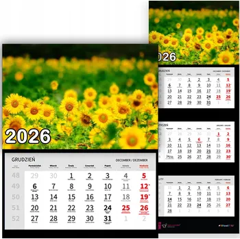 Kalendář Trojdílný kalendář na rok 2026 Słoneczniki na łące Premium | Nástěnný kalendář