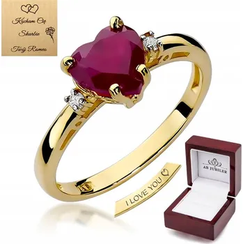 Prsten Złoty Prstýnek 585 Serce Rubín Brylanty Gravírování