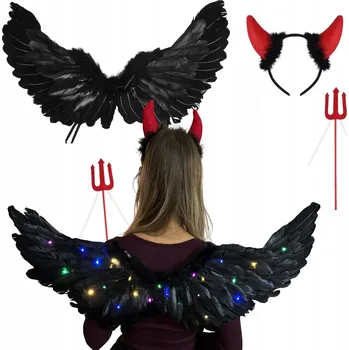 Karnevalový kostým Kostým Sada 3v1 LED Křídla 40cm Rohy Halloween Maškarní Ďábel Ďáblice