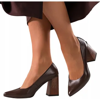 Dámské lodičky Lodičky Dámské Čokoládové KOŽENÉ POLSKÉ Ozdobný Blokový Podpatek se Vzorem vel. 37