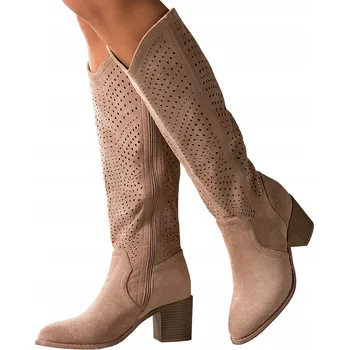 Dámské kozačky KOZAČKY Béžové Dámské Nad Koleno NA SLOUPEKU Ažurový Svršek POHODLNÉ vel. 39