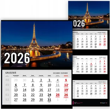 Kalendář Trojdílný kalendář na rok 2026 Wieża Eiffla nocą z odbiciem w wodzie
