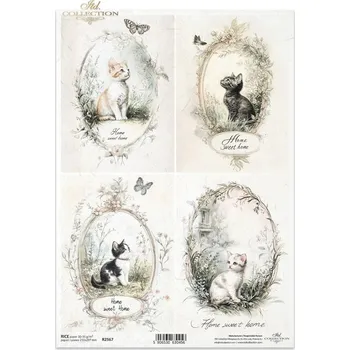 Umělecký papír Rýžový papír na decoupage ITD - Kočky v oválku - R2567