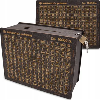 Pokladnička DŘEVĚNÁ POKLADNIČKA FINANČNÍ VÝZVA ŠKRTÁNÍ CÍLŮ 5 10 15 20 30 TISÍC