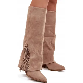 Dámské kozačky KOZAČKY KOVBOJSKÉ BOTY DÁMSKÉ EKO SEMIŠ S TŘÁSNĚMI VSUVNÉ NA SLOUPOVÉM PODPATKU BÉŽOVÉ 39