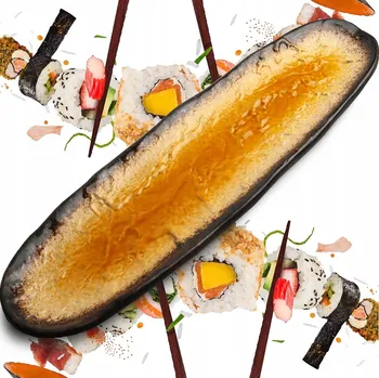 Talíř Keramický talíř na sushi Yaketa hnědo-oranžový zaoblený 41 x 11 cm
