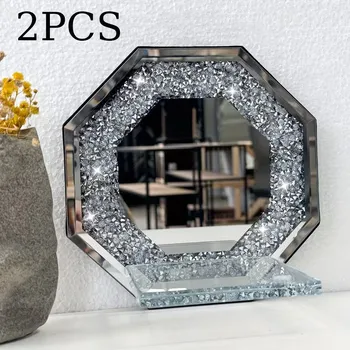 Svícen Křišťálový Svícen na Zeď s Kamínky, 2ks Sada, Osmihranný Stříbrný Zrcadlový Svícnový Stojan