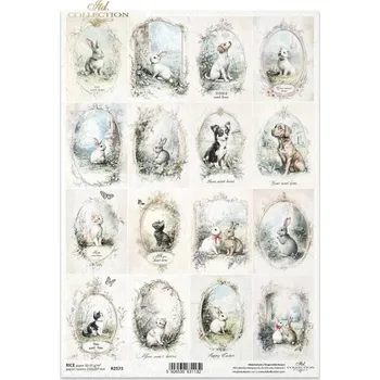 Umělecký papír Rýžový papír A4 pro tvoření ITD - Venkov, zvířátka v oválku - R2573