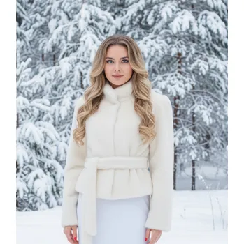 Dámský kožich Kožešinový svatební kabátek s páskem - ecru: BS-55 Vybraná velikost: 40