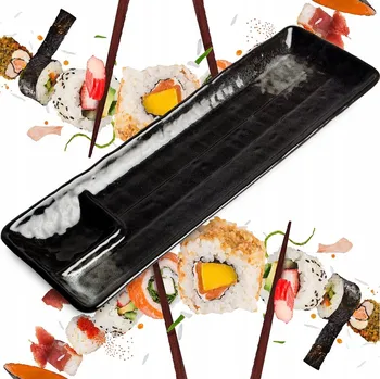 Talíř Keramický Černo-Šedý Talíř na Sushi s Místem na Omáčku 33cm x 10cm x 2cm
