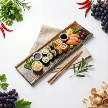 Talíř PODNOS OBDÉLNÍKOVÝ TALÍŘ KERAMICKÝ PRO SERVÍROVÁNÍ SUSHI HNĚDÝ 39×12 CM