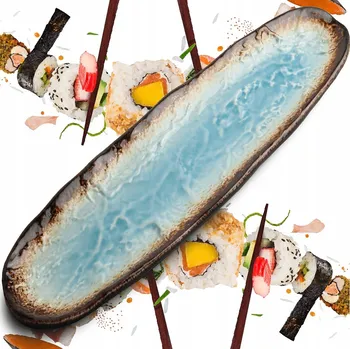 Talíř Keramický Servírovací Talíř na Sushi Hnědo-Modrý Zaoblený 41 x 11 cm