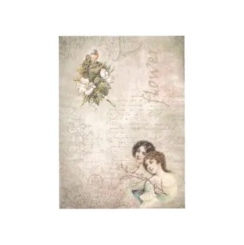 Umělecký papír Rýžový papír na decoupage ITD - Dvě dívky, ptačí hnízdo, flower - R0871