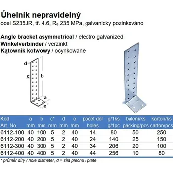Tesařské kování Úhelník kotevní UK4, zesílený, 300x50x65x5mm, Zn