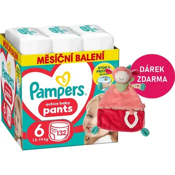 Plenkové kalhoty Pampers Active Baby Pants vel. 6 - 132 ks (13-19 kg) + Při koupi Pampers Active Baby Pants dostanete NUK Happy Farm - Dečka/mazlíček s kousátkem kravička jako dárek.