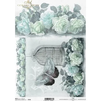 Umělecký papír Rýžový papír na decoupage ITD - Klícka, modré květiny, motýl - R0760